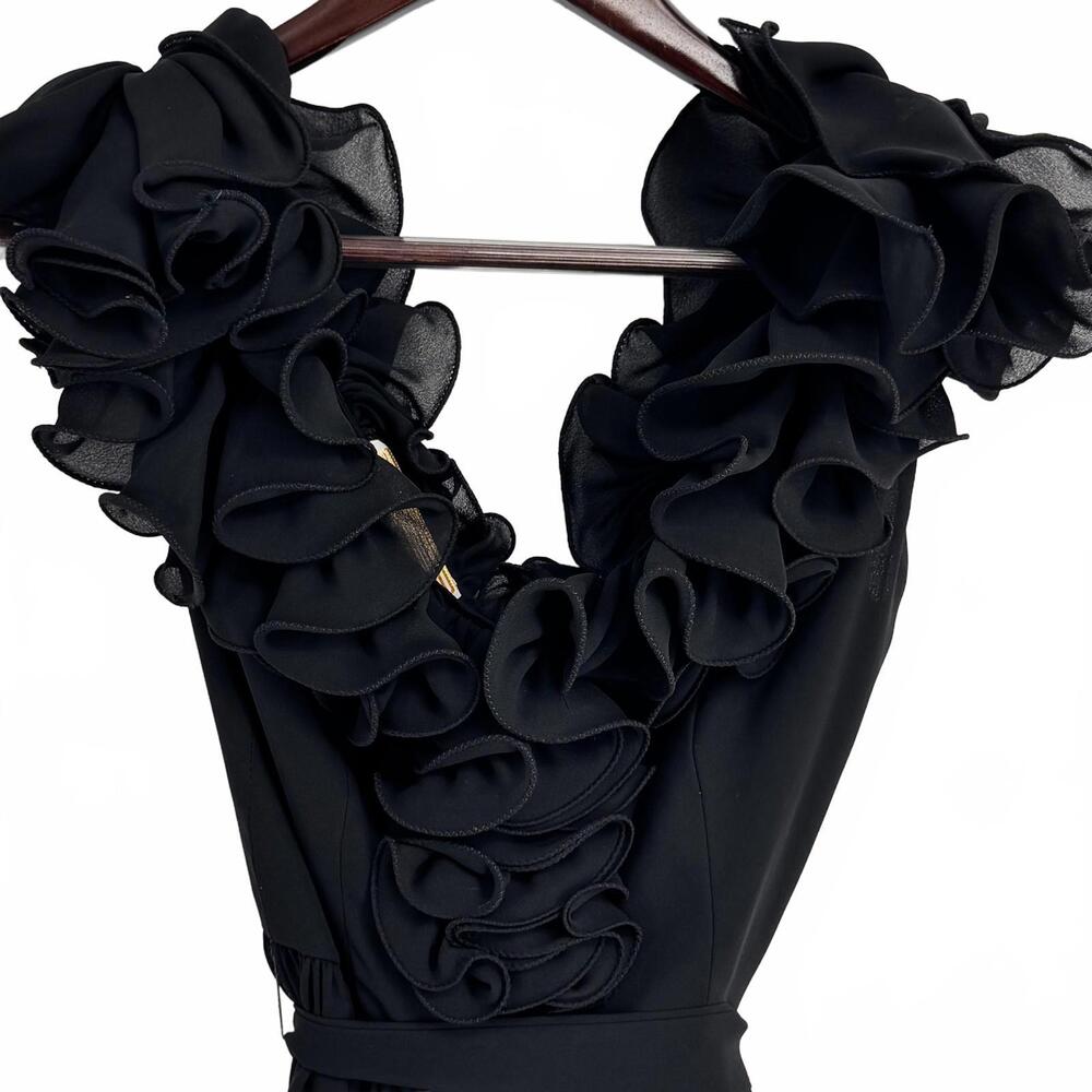 Vintage Ruffle Chiffon Dress Womens Petites 10 Black Fit & Flare Midi Party